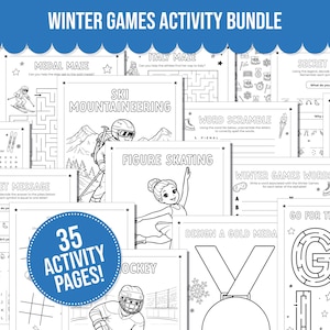 May include: A collection of 35 black and white activity pages for winter games, including mazes, word scrambles, and coloring pages. The bundle features illustrations of skiing, figure skating, and hockey, with the text "WINTER GAMES ACTIVITY BUNDLE".
