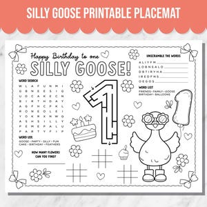 Silly Goose Placemat Activity, Girl Goose Birthday Activity Sheet, ONE Silly Goose Birthday Activity Printable Activity