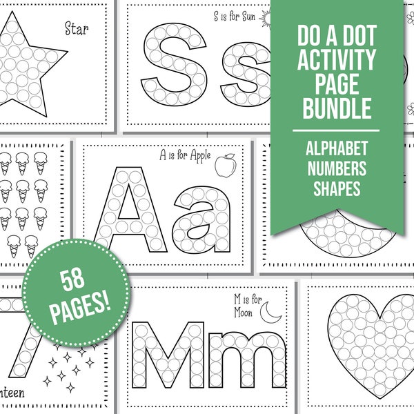 Do-A-Dot Activity Page Bundle with Alphabet, Numbers and Shape Dot Worksheets, Perfect for Toddler Activity