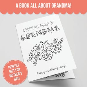Op de afbeelding: Een witte wenskaart met de tekst "A BOOK ALL ABOUT GRANDMA!" en "happy mother's day!" in het zwart. De kaart heeft bloemenillustraties en een rode cirkel met de tekst "PERFECT GIFT FOR MOTHER'S DAY!"