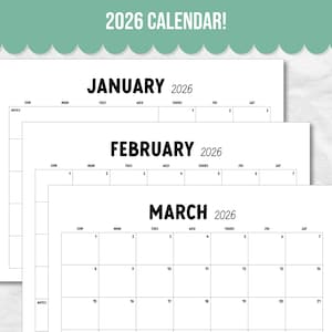 May include: Three white 2026 calendars are stacked, each showing a different month: January, February, and March. The calendars have a minimalist design with black text and grid lines. The top of the image reads "2026 CALENDAR!" in a green banner.
