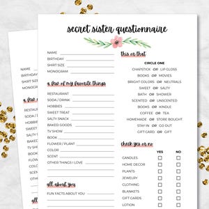Secret Sister Questionnaire, Gift Exchange Survey and Favorite Things Quiz, Secret Sister Printable, All About Me, Instant Download PDF