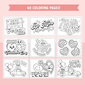 Retro Valentine Coloring Pages for Kids - 40 Groovy and Festive Coloring Sheet Bundle for Valentines Day Coloring Fun image 5