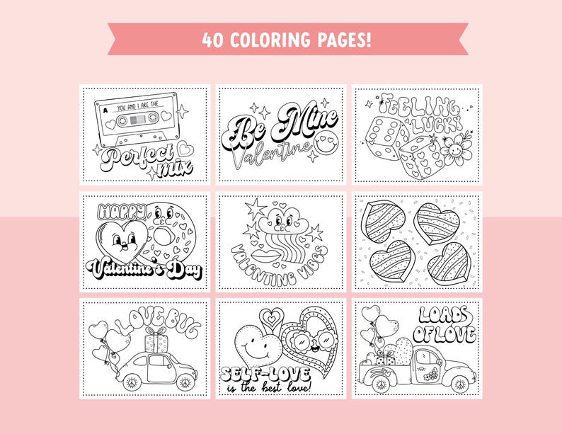 Retro Valentine Coloring Pages for Kids - 40 Groovy and Festive Coloring Sheet Bundle for Valentines Day Coloring Fun image 5