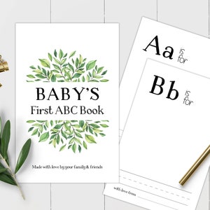 Baby&#39;s 1st ABC Book Activity for a Botanical Baby Shower, Printable Baby Shower Game with Greenery Gender Neutral Design, Team Green Baby