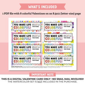 Watercolor Paint Valentine for Kids Classroom Valentine Exchange, Non-Candy Valentine, Colorful Valentine image 2
