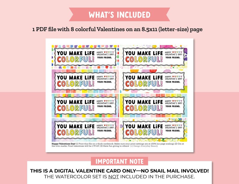 Watercolor Paint Valentine for Kids Classroom Valentine Exchange, Non-Candy Valentine, Colorful Valentine image 2