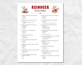 May include: A white printable trivia game sheet with the title "REINDEER trivia GAME" in red. The sheet includes 18 multiple-choice questions about reindeer, with illustrations of reindeer and a sleigh.