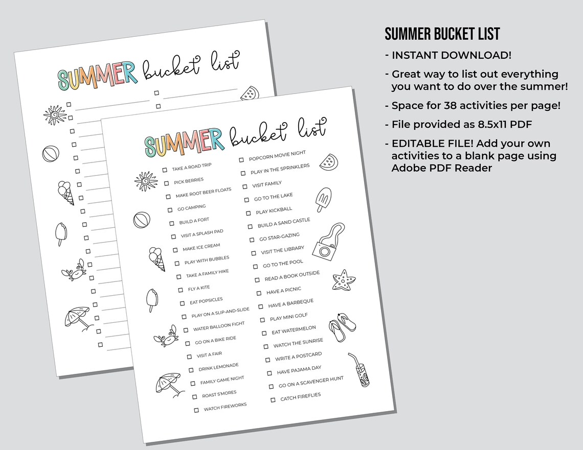 EDITABLE Summer Bucket List for Kids, Summer to Do List Printable - Etsy