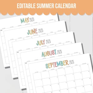 EDITIERBARER Sommer 2025 Kalender Set mit Mai, Juni, Juli, August, September Kalendern, um alle Ihre Sommeraktivitäten zu planen