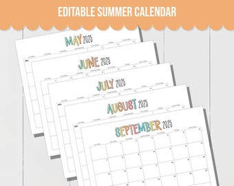 EDITABLE Summer 2025 Calendar Set including May, June, July, August, September calendars to plan all your summer activities