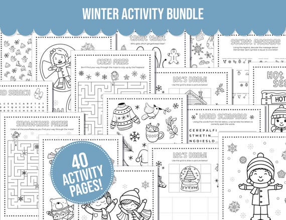 Winter Printable Activity Bundle including Coloring Pages, Word Search, Word Scramble, Games, Maze Activity and More! Winter Kids Activities