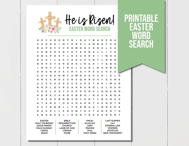 K&ouml;nnte beinhalten: Ein druckbares Ostersuchwort-Puzzle mit einem gr&uuml;nen Banner, auf dem "Printable Easter Word Search" steht. Das Puzzle enth&auml;lt eine Vielzahl von Osterw&ouml;rtern, darunter "Jesus", "Auferstehung", "Kreuz", "Grab", "Fastenzeit", "Karwoche" und "Neues Testament".