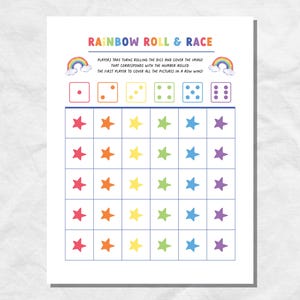 May include: A printable game board for a rainbow roll and race game. The board has a grid of stars in different colors: red, orange, yellow, green, blue, and purple. The game instructions are at the top of the board. "Players take turns rolling the dice and cover the image that corresponds with the number rolled. The first player to cover all the pictures in a row wins!"