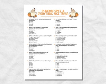 May include: A trivia sheet titled "Pumpkin Spice & Everything Nice Trivia" with questions about pumpkin spice. The sheet includes questions about the Pumpkin Spice Latte and pumpkin pie. Decorative elements include pumpkins and a latte.