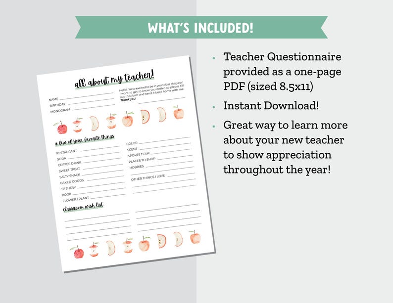 All About the Teacher Printable with Classroom Wishlist, Teacher Questionnaire, Questions for Teachers, Teacher Favorite Things Survey image 3