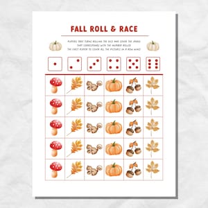 May include: A printable fall-themed game board with a grid of images including pumpkins, acorns, leaves, and mushrooms. The game is called "Fall Roll & Race". Players take turns rolling a die and covering the corresponding image on the board. The first player to cover all the images in a row wins.