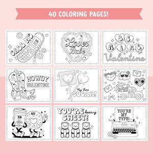 Retro Valentine Coloring Pages for Kids - 40 Groovy and Festive Coloring Sheet Bundle for Valentines Day Coloring Fun image 3