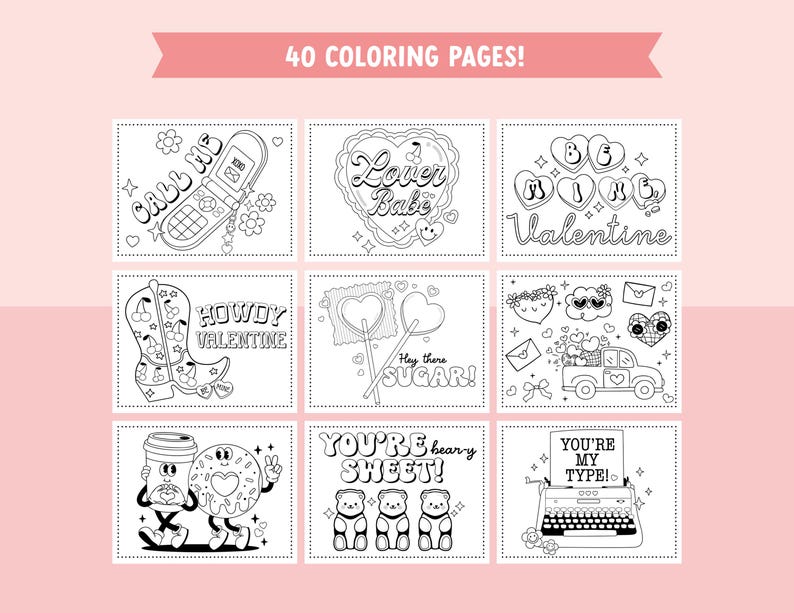 Retro Valentine Coloring Pages for Kids - 40 Groovy and Festive Coloring Sheet Bundle for Valentines Day Coloring Fun image 3