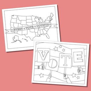 May include: Two black and white illustrations on a pink background. One shows a map of the United States with the text "EVERY VOTE COUNTS" on a banner. The other shows hands holding signs that spell out "VOTE".