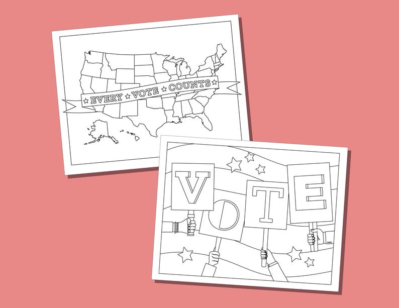 May include: Two black and white illustrations on a pink background. One shows a map of the United States with the text "EVERY VOTE COUNTS" on a banner. The other shows hands holding signs that spell out "VOTE".