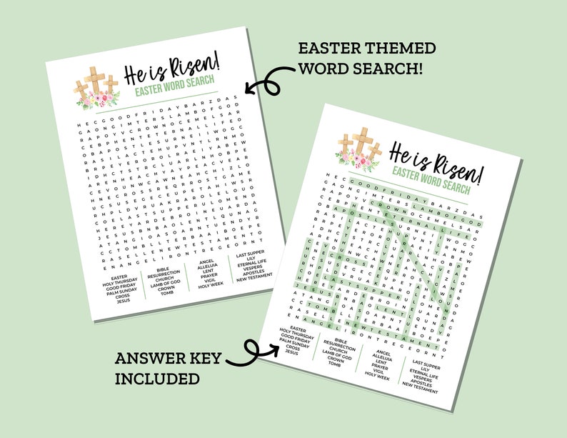 K&ouml;nnte beinhalten: Ein druckbares Ostersuchwort-Puzzle mit einem gr&uuml;n-wei&szlig;en Farbschema. Das Puzzle enth&auml;lt die W&ouml;rter "He is Risen!" und "Easter Word Search".