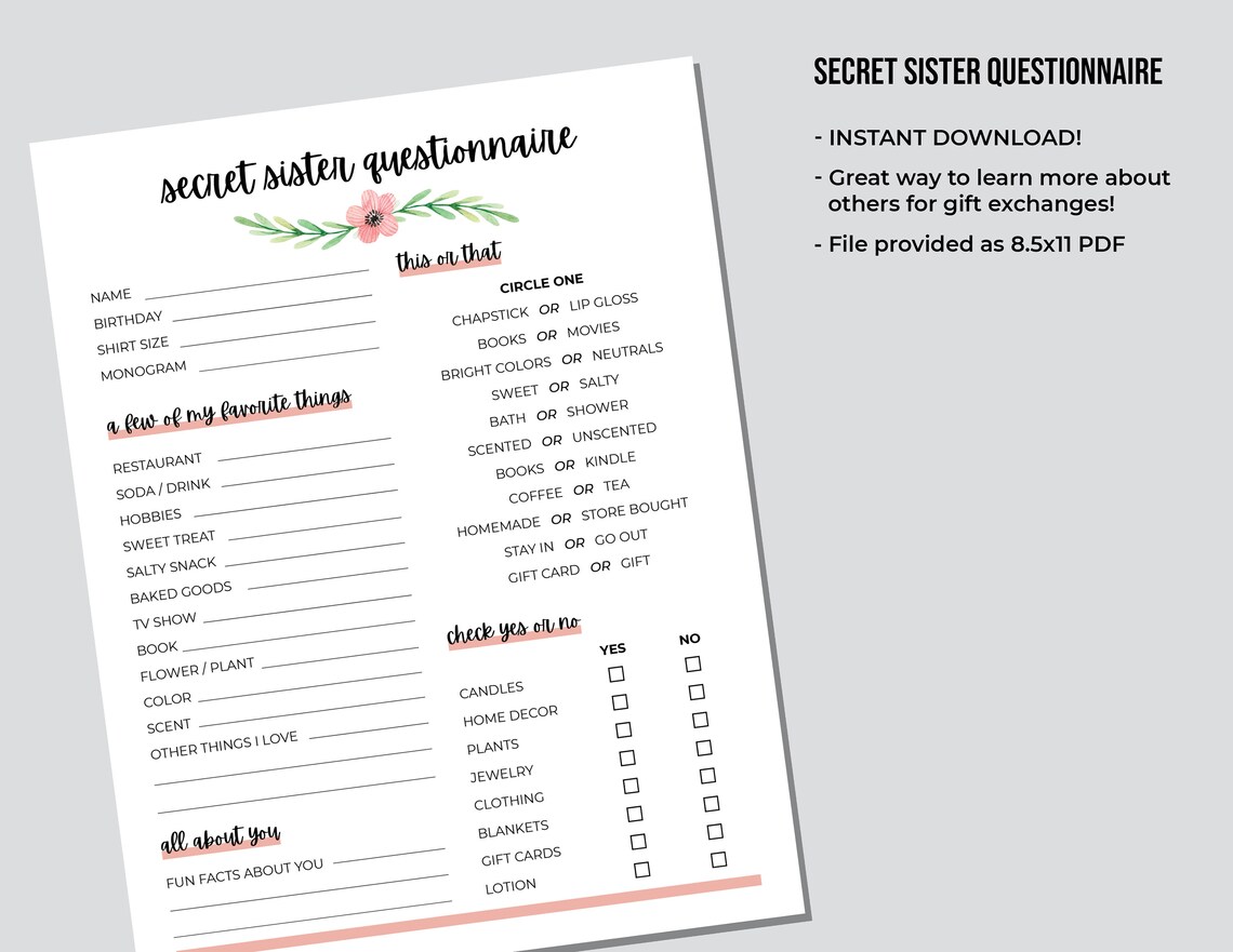 Secret Sister Questionnaire Gift Exchange Survey and Favorite - Etsy