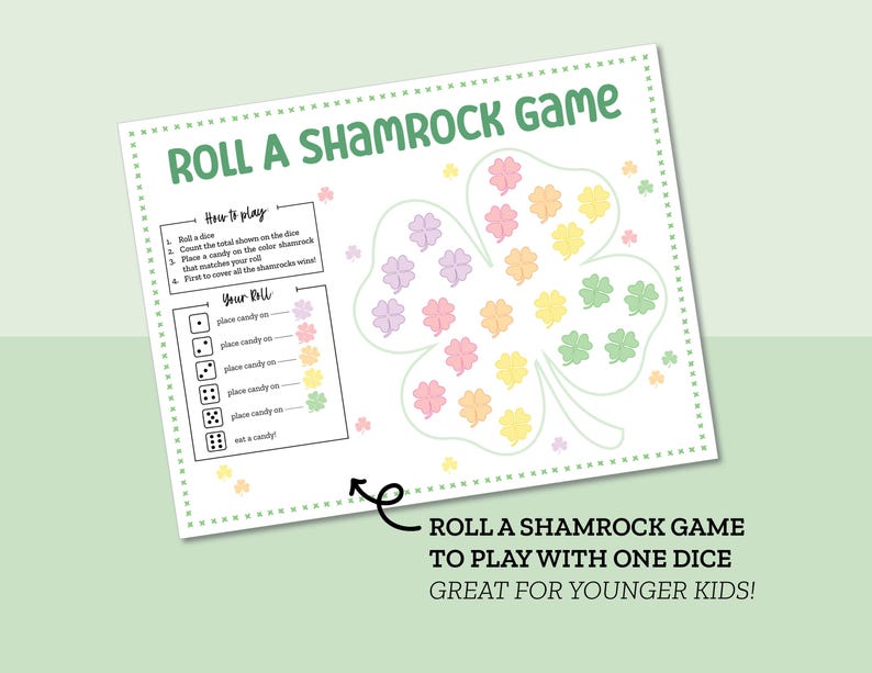 Roll a Shamrock Game for St Patricks Day Classroom Activity, St Patricks Activity, Fun St Paddys Day Game for Kids School Party Game image 2