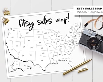 Etsy Shop Sales Tracker Map, Etsy Sales Map PDF, Places I’ve Shipped, United States Map, Printable Map Tracker