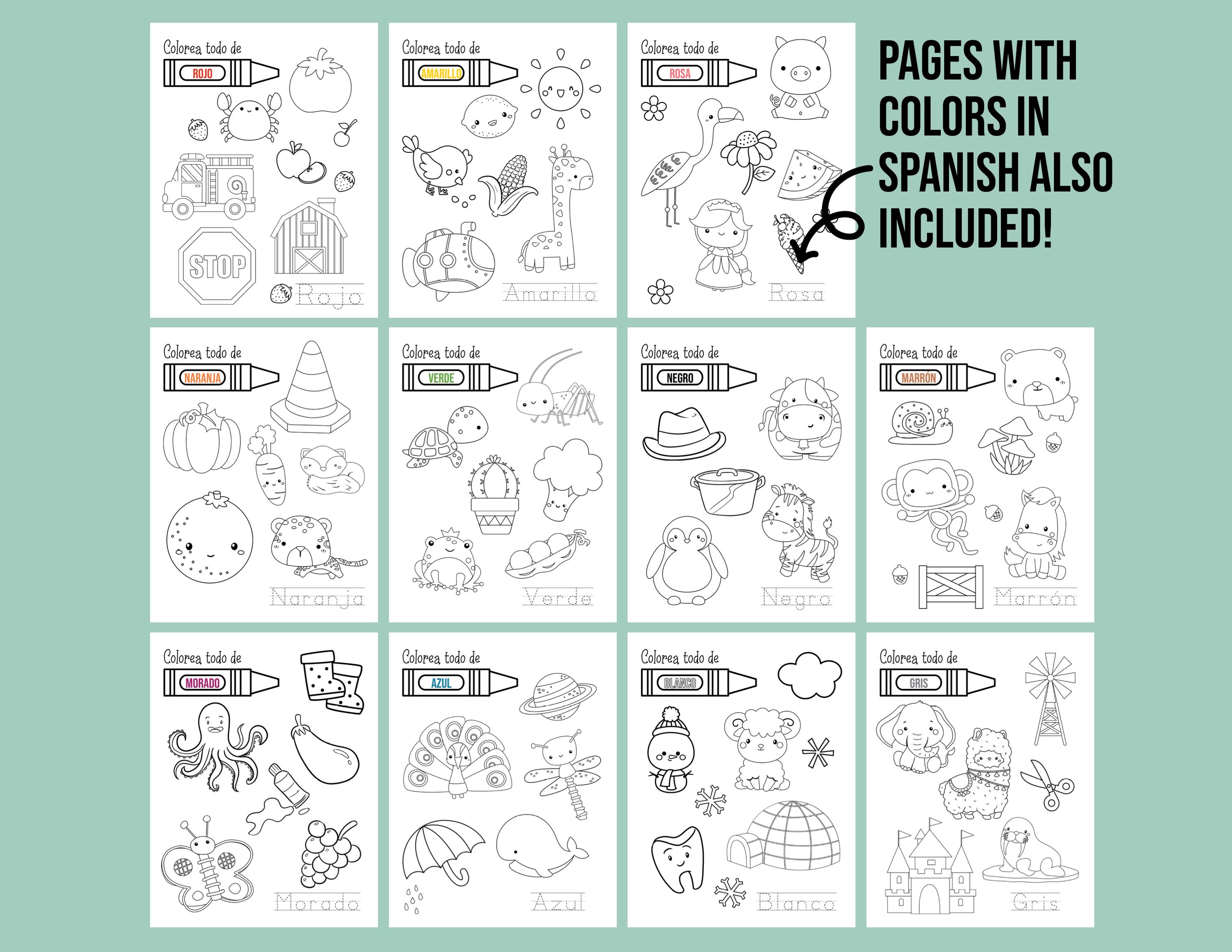 Learning Colors Coloring Pages for Kids, Fine Motor Skills, Spanish ...