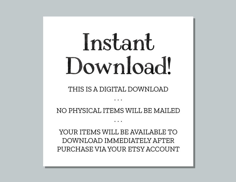 Puede incluir: Texto sobre un fondo blanco que dice "Descarga instant&aacute;nea!" Esta es una descarga digital. No se enviar&aacute;n art&iacute;culos f&iacute;sicos. Tus art&iacute;culos estar&aacute;n disponibles para descargar inmediatamente despu&eacute;s de la compra a trav&eacute;s de tu cuenta de Etsy.