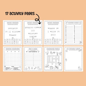 May include: A set of 17 printable activity pages for kids featuring summer-themed puzzles, word searches, and coloring pages. The pages include a crossword puzzle, a word search, a connect the dots, a find the words, and a coloring page.