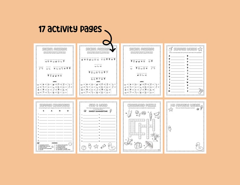 May include: A set of 17 printable activity pages for kids featuring summer-themed puzzles, word searches, and coloring pages. The pages include a crossword puzzle, a word search, a connect the dots, a find the words, and a coloring page.