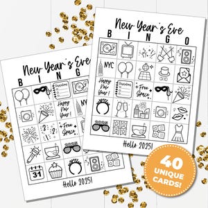 Juego de bingo de Nochevieja 2025, juegos imprimibles de Nochevieja, actividad de Nochevieja, juego de Nochevieja al mediodía