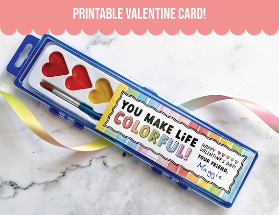 Watercolor Paint Valentine for Kids Classroom Valentine Exchange, Non-Candy Valentine, Colorful Valentine