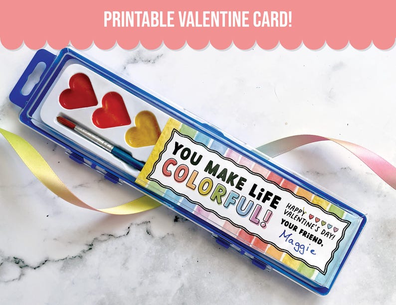 Watercolor Paint Valentine for Kids Classroom Valentine Exchange, Non-Candy Valentine, Colorful Valentine image 1