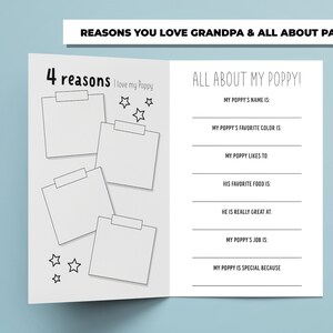 Op de afbeelding: Een printbaar activiteitenboekje voor kinderen om in te vullen over hun opa. Het boekje heeft twee pagina's. De eerste pagina heeft vier lege vakjes met de tekst "4 redenen waarom ik van mijn Poppy hou" en sterren. De tweede pagina heeft de tekst "Alles over mijn Poppy!" en lege regels voor kinderen om informatie over hun opa in te vullen, zoals zijn naam, favoriete kleur en waar hij goed in is.
