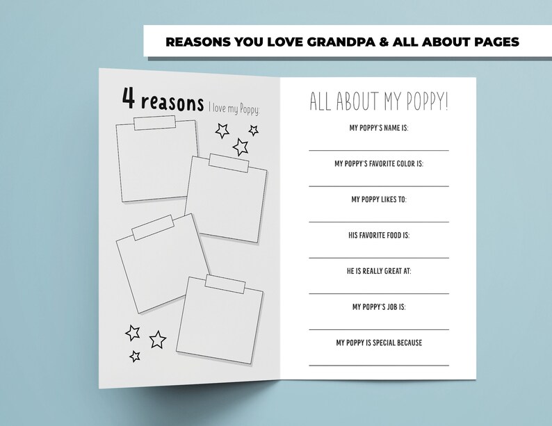 Op de afbeelding: Een printbaar activiteitenboekje voor kinderen om in te vullen over hun opa. Het boekje heeft twee pagina's. De eerste pagina heeft vier lege vakjes met de tekst "4 redenen waarom ik van mijn Poppy hou" en sterren. De tweede pagina heeft de tekst "Alles over mijn Poppy!" en lege regels voor kinderen om informatie over hun opa in te vullen, zoals zijn naam, favoriete kleur en waar hij goed in is.