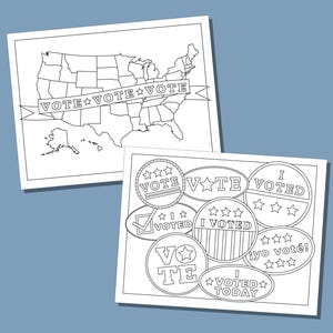May include: Two black and white illustrations on white paper. One features a map of the United States with a banner reading "VOTE." The other displays various "I Voted" badges with stars and text, including "I Voted Today" and "&iexcl;Yo vot&eacute;!"