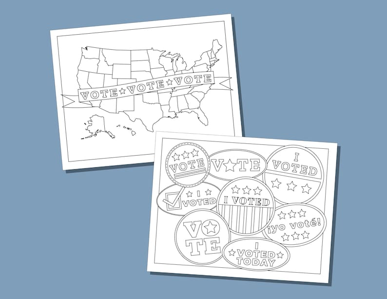 May include: Two black and white illustrations on white paper. One features a map of the United States with a banner reading "VOTE." The other displays various "I Voted" badges with stars and text, including "I Voted Today" and "&iexcl;Yo vot&eacute;!"