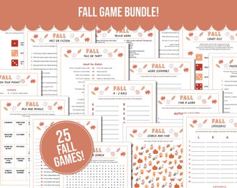 May include: A bundle of 25 autumn-themed games, including trivia and word puzzles. The games feature fall leaves and pumpkin graphics, with titles like "Fact or Fiction" and "Candy Dice". The phrase "Fall Game Bundle!" is at the top.