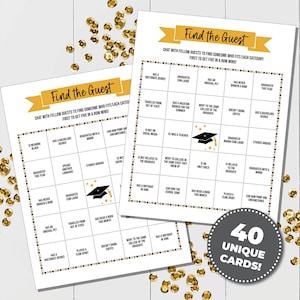 Afstuderen Vind de gast-spel, Afstudeerfeestspel, Vind de gast BINGO, Afstuderen BINGO-kaart