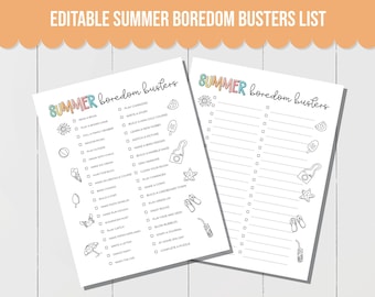 EDITABLE Summer Boredom Busters for Kids, I&#39;m Bored Checklist Printable, At Home Summer Ideas, Summer Break Planner