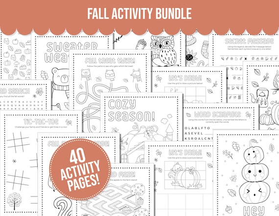 Fall Printable Activity Bundle including Coloring Pages, Word Search, Word Scramble, Games, Maze Activity and More! Fall Kids Activities