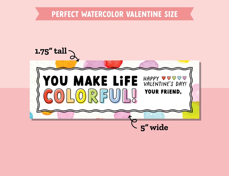 Watercolor Paint Valentine for Kids Classroom Valentine Exchange, Non-Candy Valentine, Colorful Valentine image 4