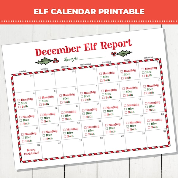 Elf Report Calendar Printable, December Elf Calendar, Elf on Strike, Countdown to Christmas, Instant Download PDF, Elf Notecard Printable