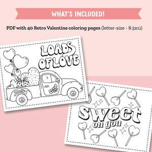 Retro Valentine Coloring Pages for Kids - 40 Groovy and Festive Coloring Sheet Bundle for Valentines Day Coloring Fun image 2