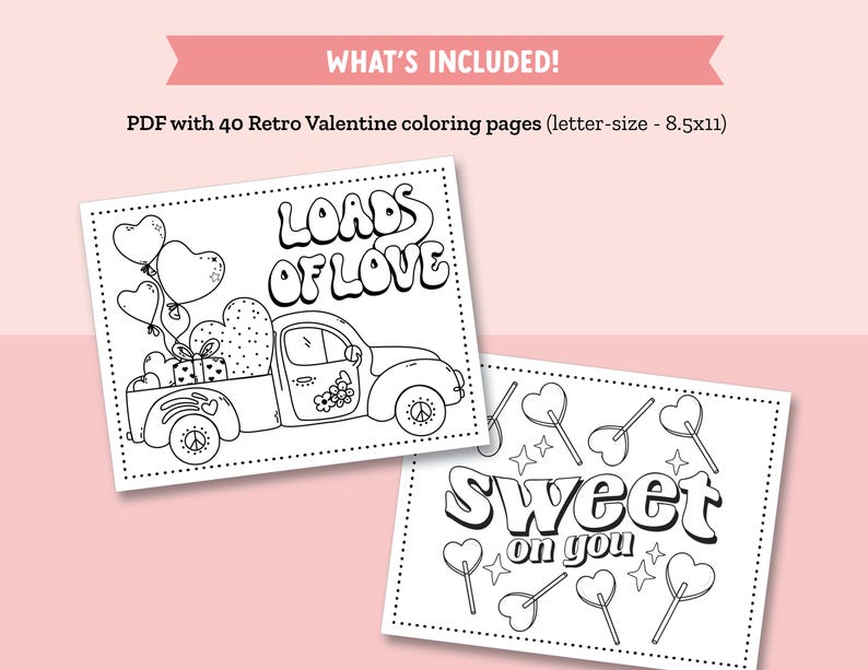 Retro Valentine Coloring Pages for Kids - 40 Groovy and Festive Coloring Sheet Bundle for Valentines Day Coloring Fun image 2