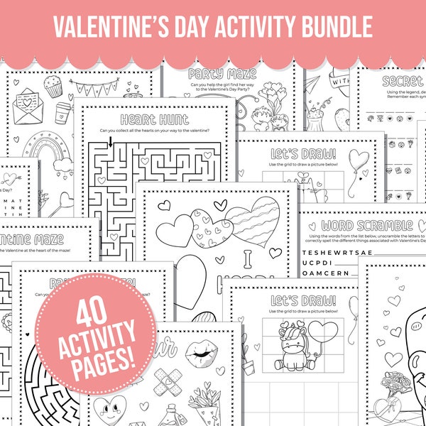 Valentines Day Printable Activity Bundle with Coloring Pages, Word Search, Word Scramble, Games & Maze Activities! Valentine Kids Activities