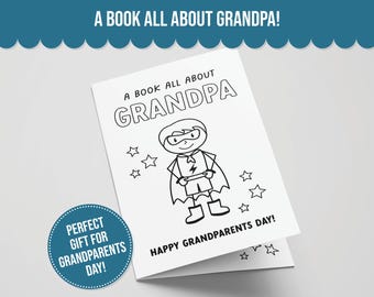 May include: A black and white coloring book with the title "A Book All About Grandpa!" and a superhero illustration. The text "Happy Grandparents Day!" is visible. A blue sticker says "Perfect Gift for Grandparents Day!"